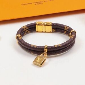 Brown & Gold Monogram Double-Wrap Bracelet with Padlock Charm